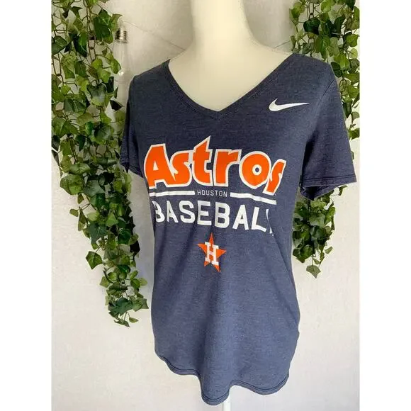Nike Astros Houston Baseball Gray White & Orange V Neck T Shirt Women's SZ Small - Picture 3 of 10
